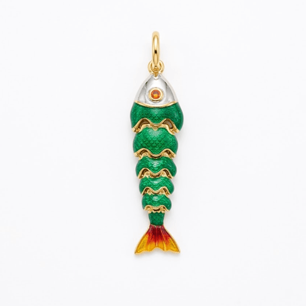 GREEN FISH CHARM best gold plated tarnish and water resistant piece by Irish Jewellery brand - Lynott Jewellery