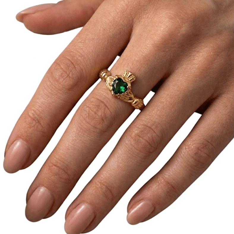 AINE EMERALD ADJUSTABLE CLADDAGH RING best gold plated tarnish and water resistant piece by Irish Jewellery brand - Lynott Jewellery