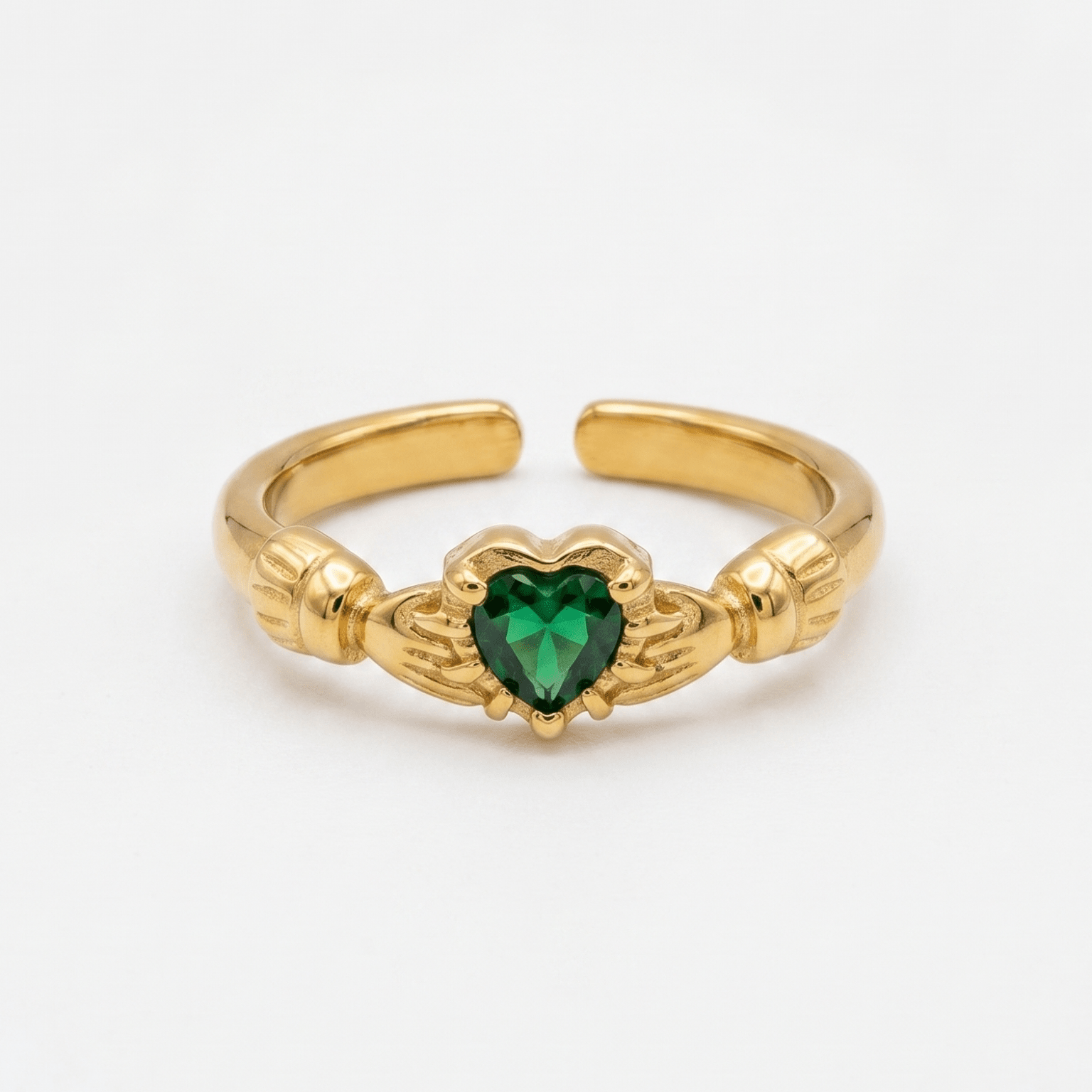 AINE EMERALD ADJUSTABLE CLADDAGH RING best gold plated tarnish and water resistant piece by Irish Jewellery brand - Lynott Jewellery